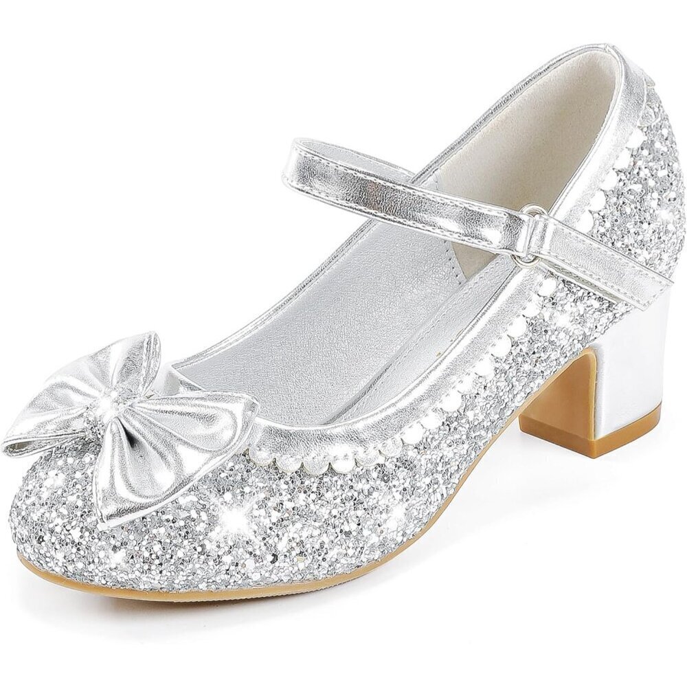 Girls Silver Sequins Cute Bow-knot Sparkle Mary Jane Flower Wedding Dress Shoes